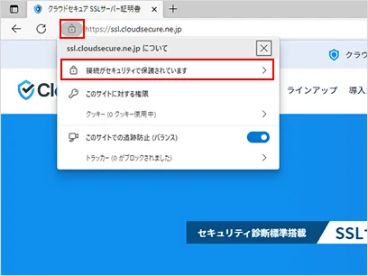 鍵マークをクリックした後、「接続がセキュリティで保護されています」をクリック